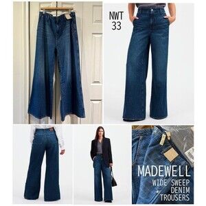 NWT Madewell Wide Sweep Denim Trouser Jeans Super Wide Leg Poplaski Wash 33